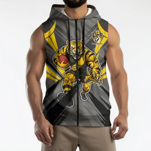 Richmond Tigers Australian Football Sleeveless Zip Hoodie Fierce Tiger Mascot - Bold Team Colors