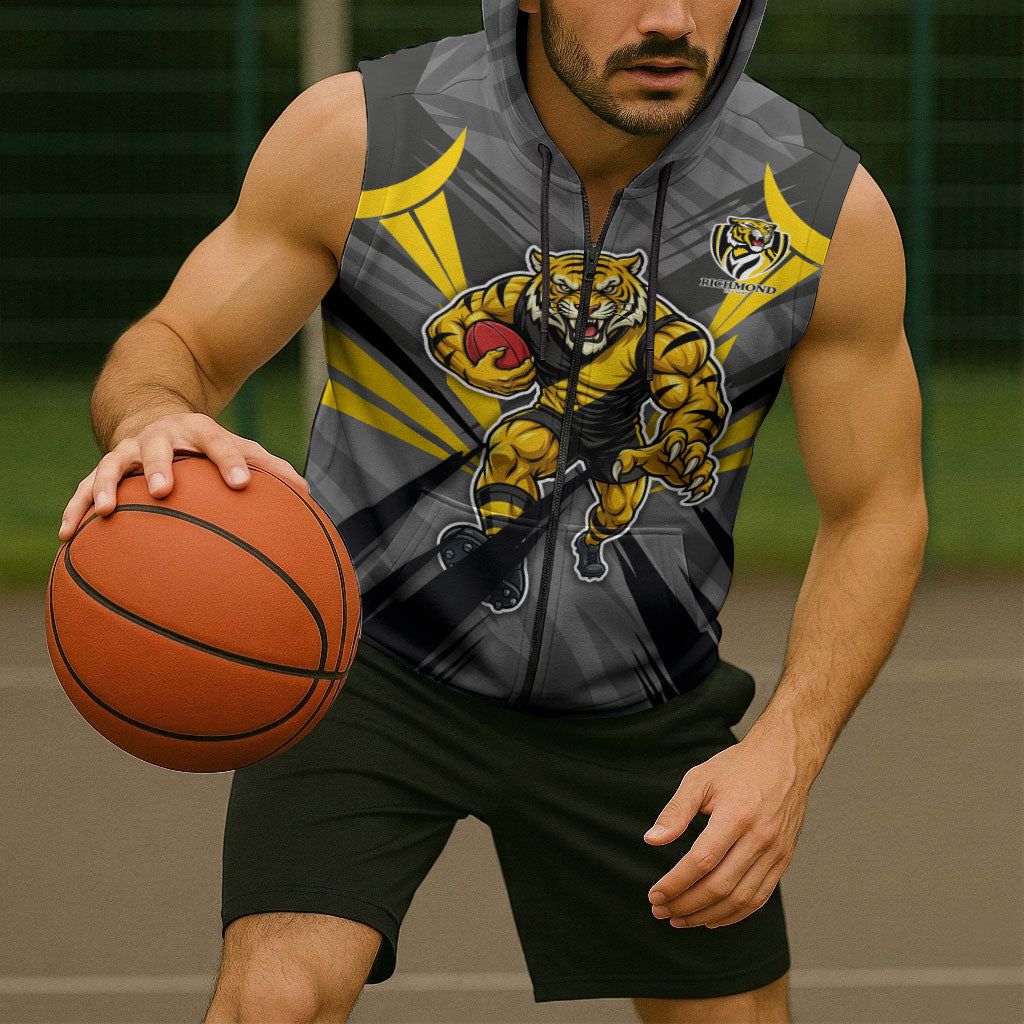 Richmond Tigers Australian Football Sleeveless Zip Hoodie Fierce Tiger Mascot - Bold Team Colors