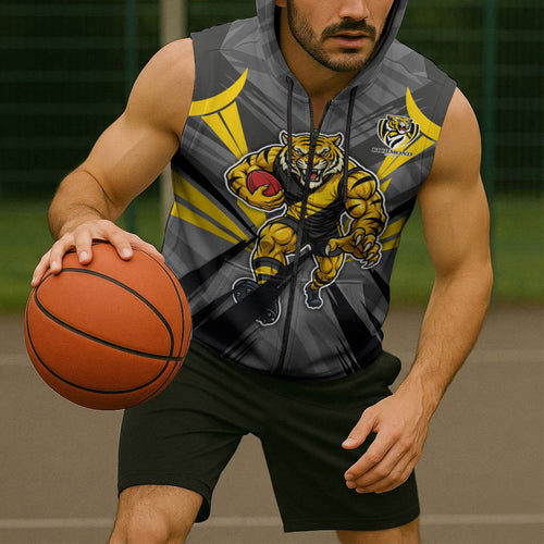 Richmond Tigers Australian Football Sleeveless Zip Hoodie Fierce Tiger Mascot - Bold Team Colors
