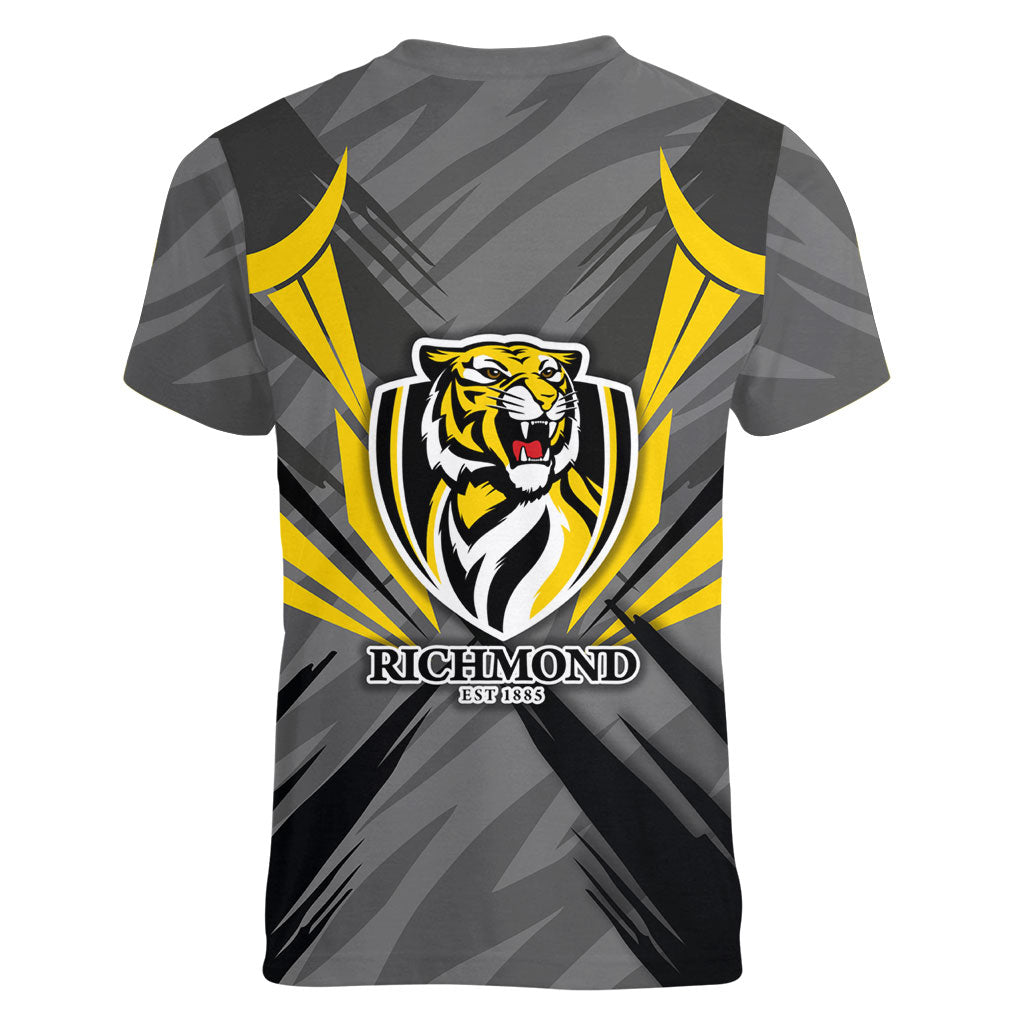 Richmond Tigers Australian Football Women V-Neck T-Shirt Fierce Tiger Mascot - Bold Team Colors