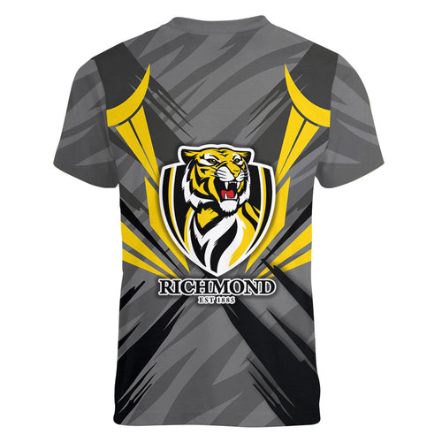 Richmond Tigers Australian Football Women V-Neck T-Shirt Fierce Tiger Mascot - Bold Team Colors