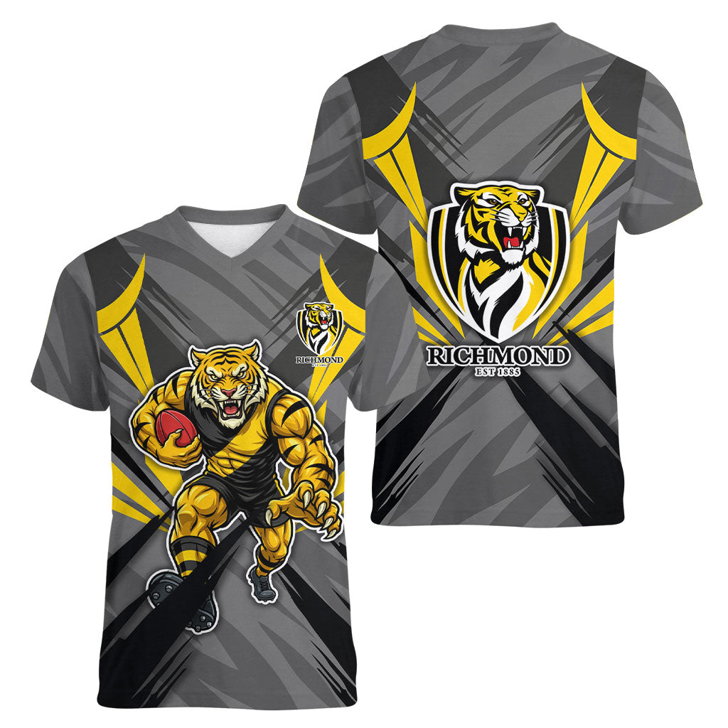 Richmond Tigers Australian Football Women V-Neck T-Shirt Fierce Tiger Mascot - Bold Team Colors