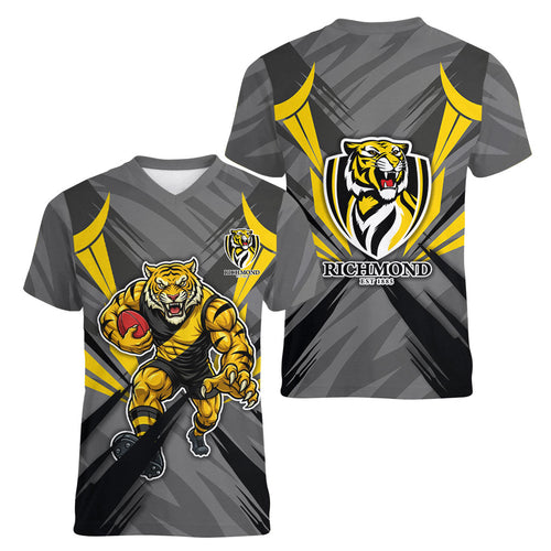 Richmond Tigers Australian Football Women V-Neck T-Shirt Fierce Tiger Mascot - Bold Team Colors