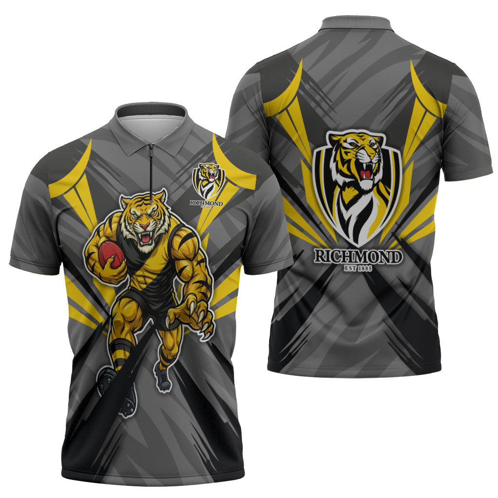 Richmond Tigers Australian Football Zipper Polo Shirt Fierce Tiger Mascot - Bold Team Colors