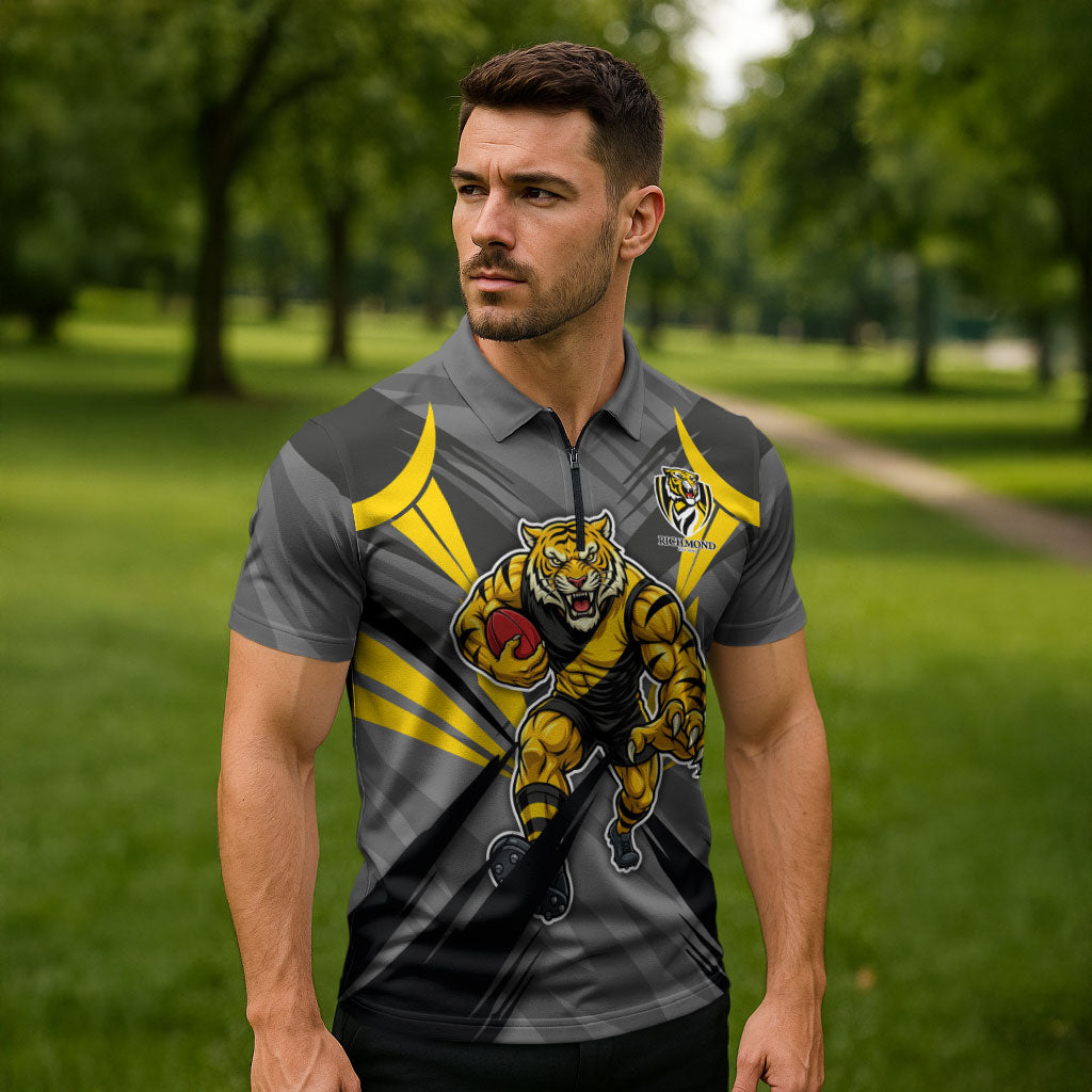 Richmond Tigers Australian Football Zipper Polo Shirt Fierce Tiger Mascot - Bold Team Colors