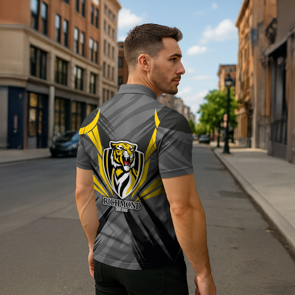 Richmond Tigers Australian Football Zipper Polo Shirt Fierce Tiger Mascot - Bold Team Colors