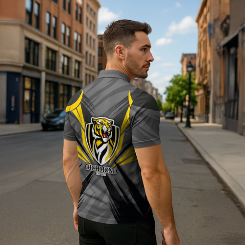 Richmond Tigers Australian Football Zipper Polo Shirt Fierce Tiger Mascot - Bold Team Colors