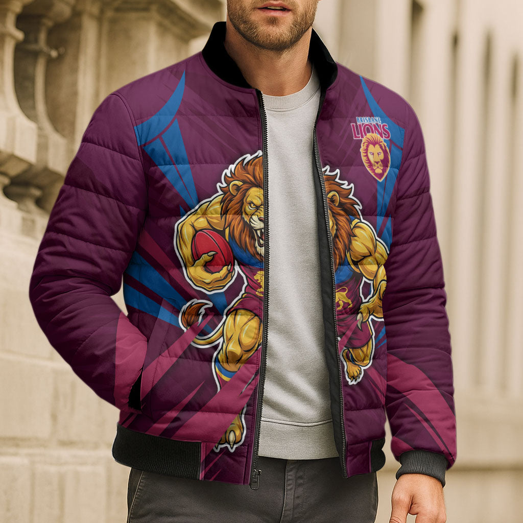 Brisbane Lions Australian Football Bomber Puffer Jacket Powerful Lion Mascot - Bold Team Colors
