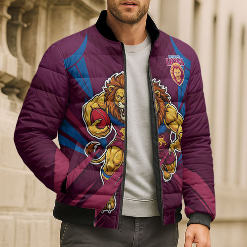 Brisbane Lions Australian Football Bomber Puffer Jacket Powerful Lion Mascot - Bold Team Colors