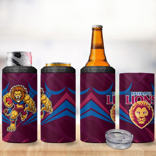 Brisbane Lions Australian Football 4 in 1 Can Cooler Tumbler Powerful Lion Mascot - Bold Team Colors