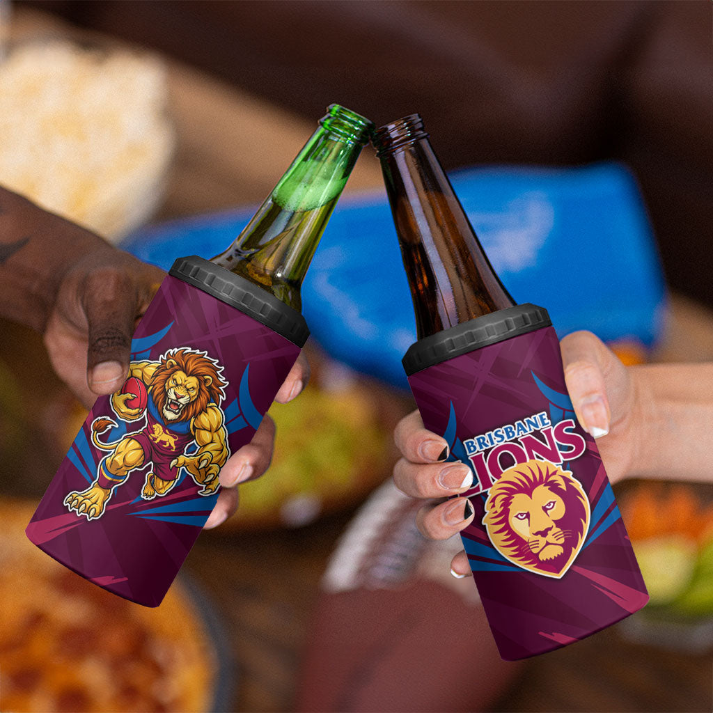 Brisbane Lions Australian Football 4 in 1 Can Cooler Tumbler Powerful Lion Mascot - Bold Team Colors