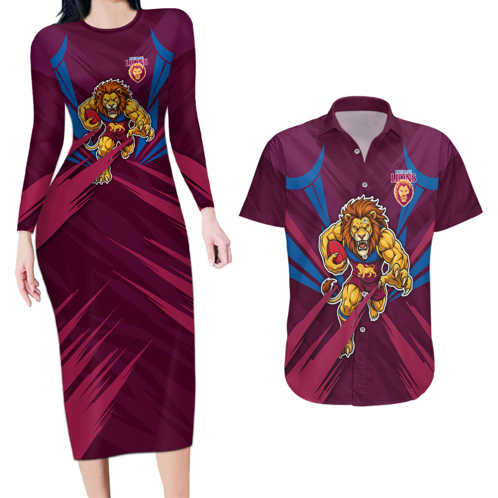 Brisbane Lions Australian Football Couples Matching Long Sleeve Bodycon Dress and Hawaiian Shirt Powerful Lion Mascot - Bold Team Colors