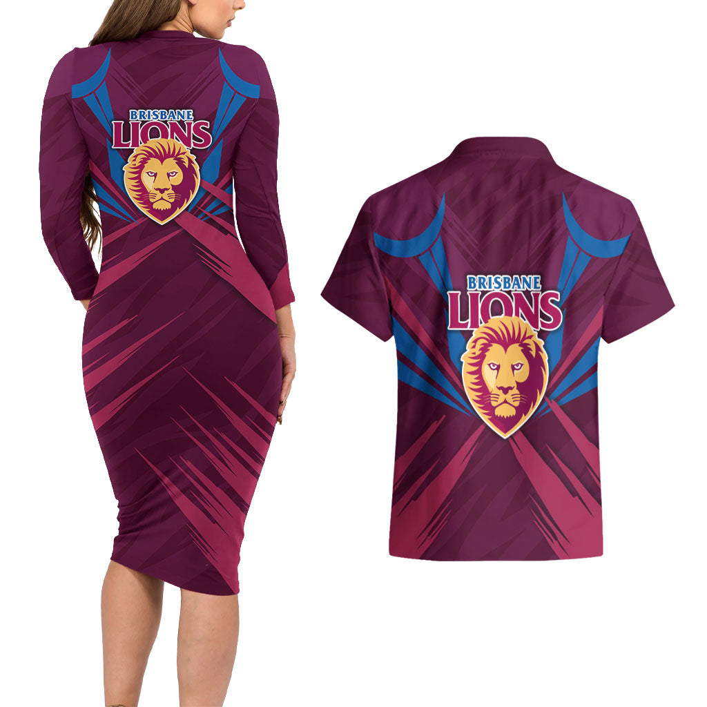 Brisbane Lions Australian Football Couples Matching Long Sleeve Bodycon Dress and Hawaiian Shirt Powerful Lion Mascot - Bold Team Colors