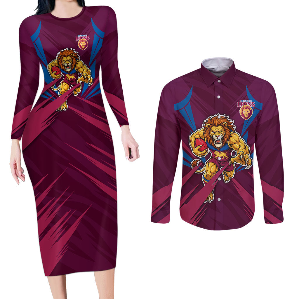 Brisbane Lions Australian Football Couples Matching Long Sleeve Bodycon Dress and Long Sleeve Button Shirt Powerful Lion Mascot - Bold Team Colors