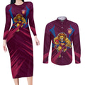 Brisbane Lions Australian Football Couples Matching Long Sleeve Bodycon Dress and Long Sleeve Button Shirt Powerful Lion Mascot - Bold Team Colors