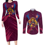 Brisbane Lions Australian Football Couples Matching Long Sleeve Bodycon Dress and Long Sleeve Button Shirt Powerful Lion Mascot - Bold Team Colors