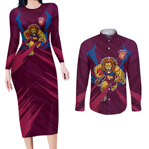 Brisbane Lions Australian Football Couples Matching Long Sleeve Bodycon Dress and Long Sleeve Button Shirt Powerful Lion Mascot - Bold Team Colors