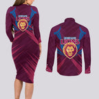 Brisbane Lions Australian Football Couples Matching Long Sleeve Bodycon Dress and Long Sleeve Button Shirt Powerful Lion Mascot - Bold Team Colors