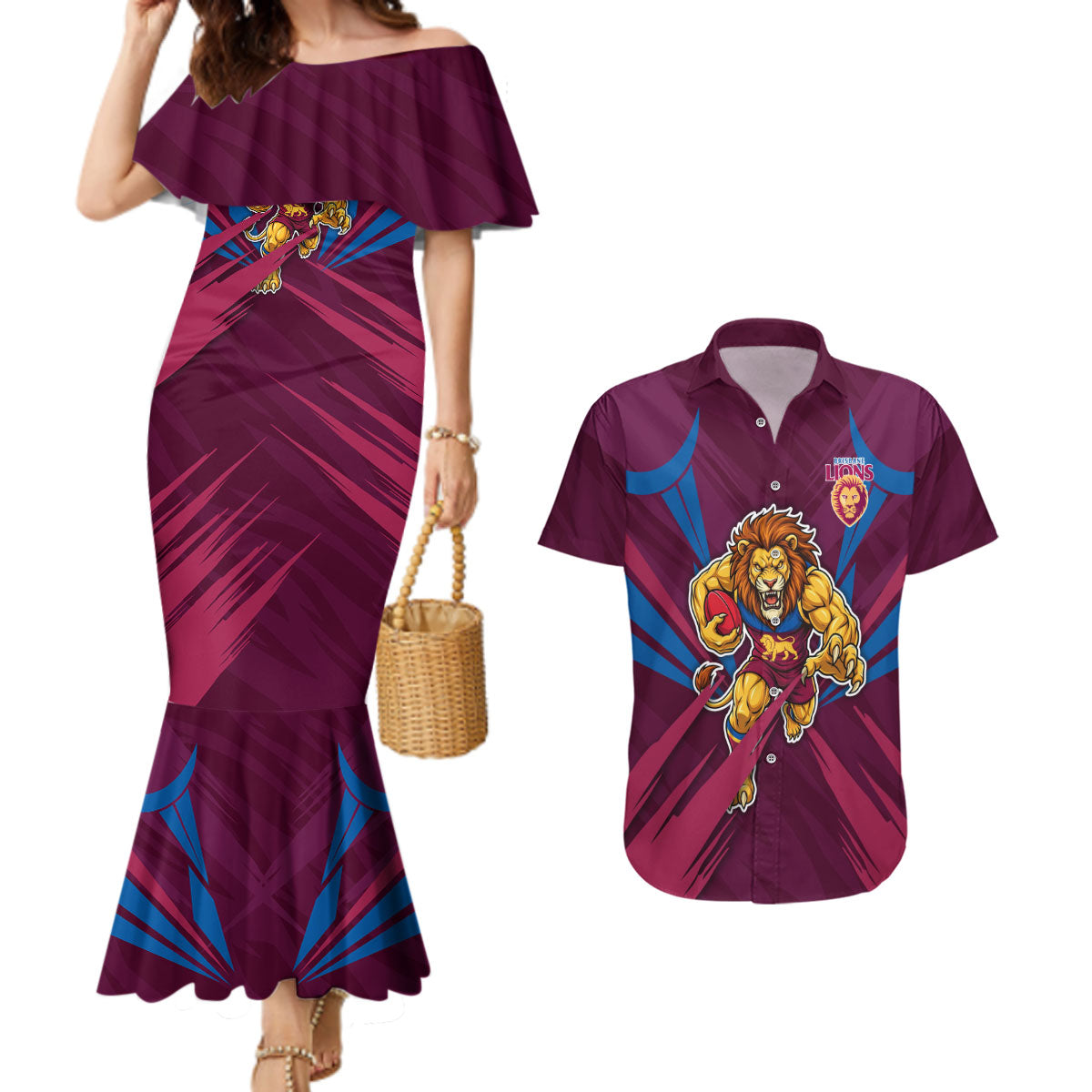 Brisbane Lions Australian Football Couples Matching Mermaid Dress and Hawaiian Shirt Powerful Lion Mascot - Bold Team Colors