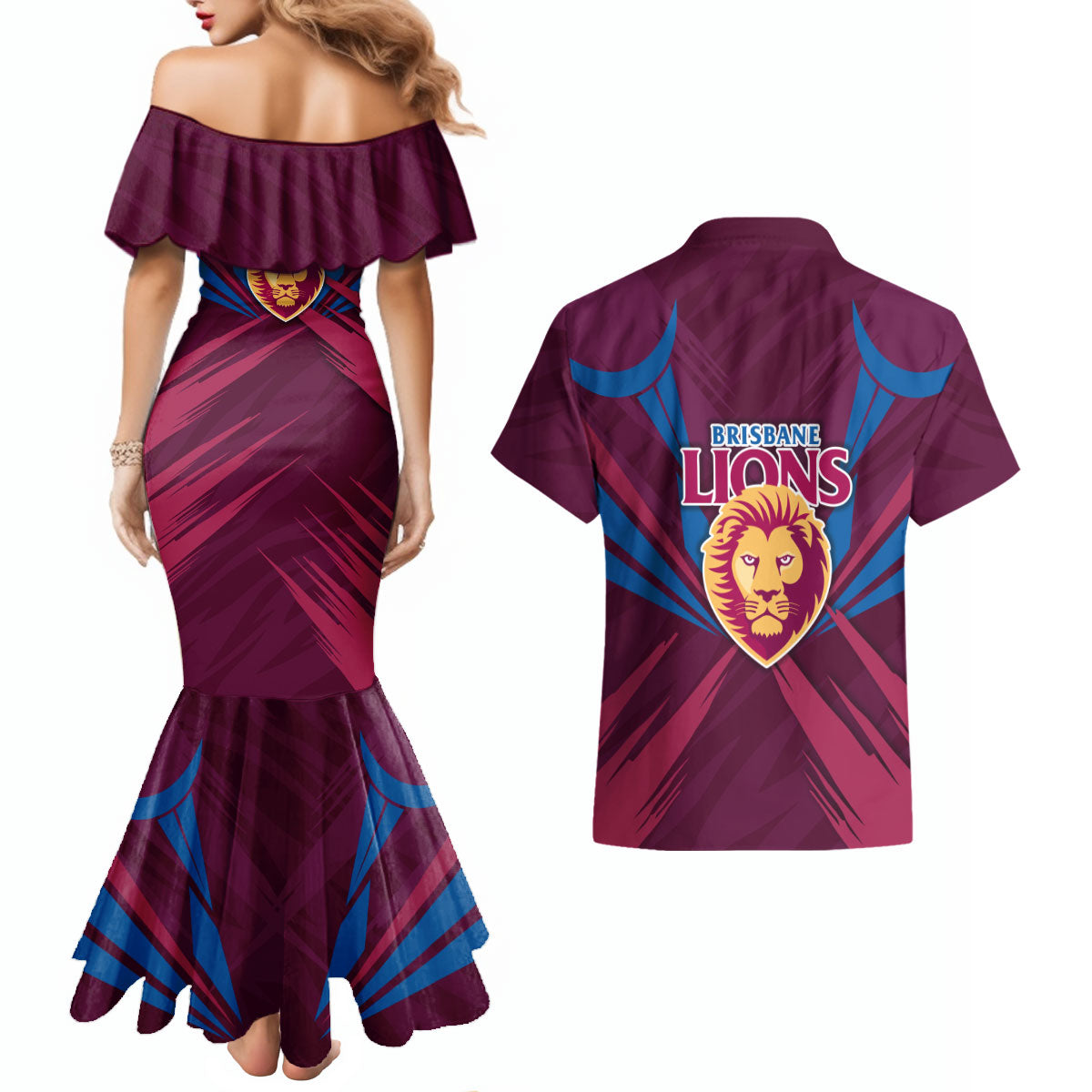 Brisbane Lions Australian Football Couples Matching Mermaid Dress and Hawaiian Shirt Powerful Lion Mascot - Bold Team Colors