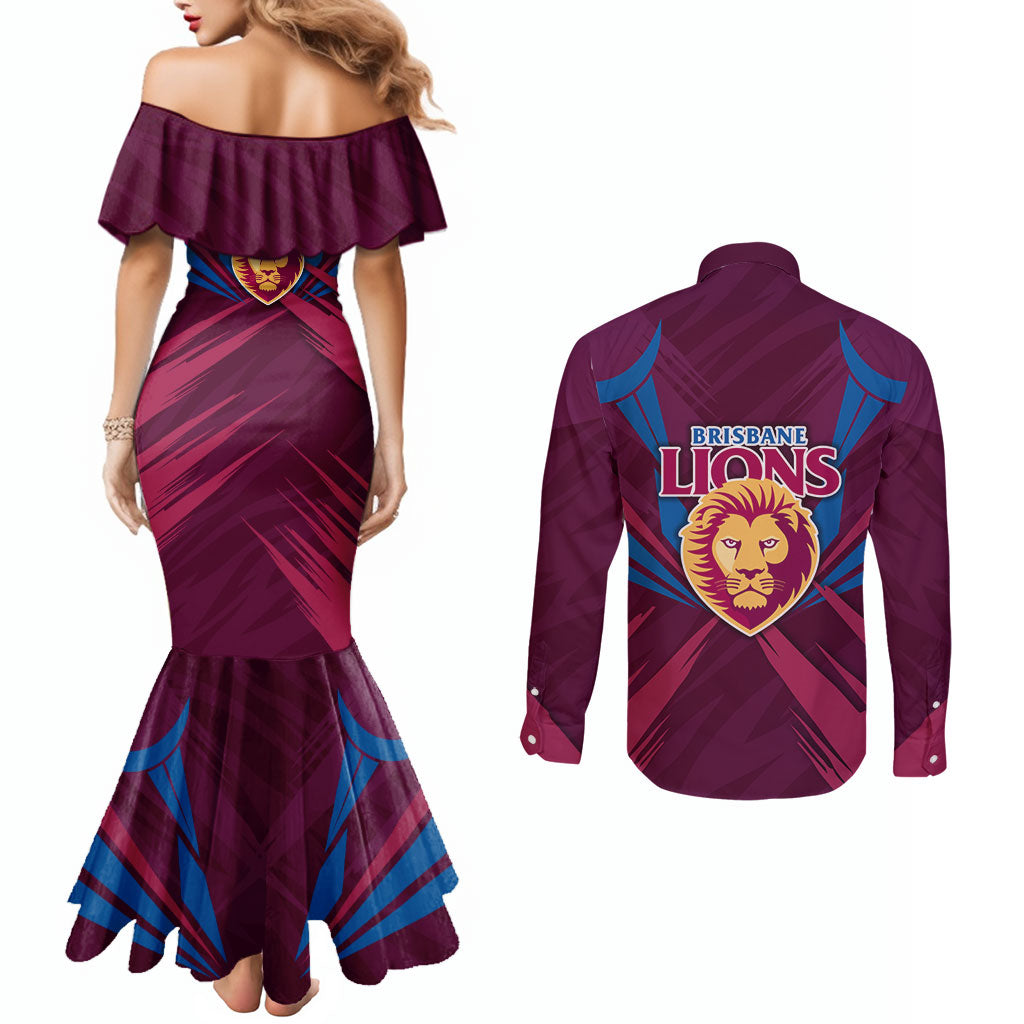 Brisbane Lions Australian Football Couples Matching Mermaid Dress and Long Sleeve Button Shirt Powerful Lion Mascot - Bold Team Colors