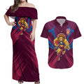 Brisbane Lions Australian Football Couples Matching Off Shoulder Maxi Dress and Hawaiian Shirt Powerful Lion Mascot - Bold Team Colors