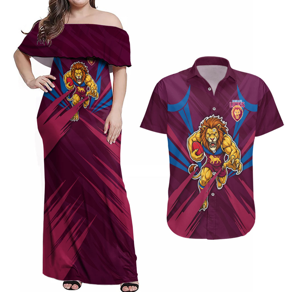 Brisbane Lions Australian Football Couples Matching Off Shoulder Maxi Dress and Hawaiian Shirt Powerful Lion Mascot - Bold Team Colors