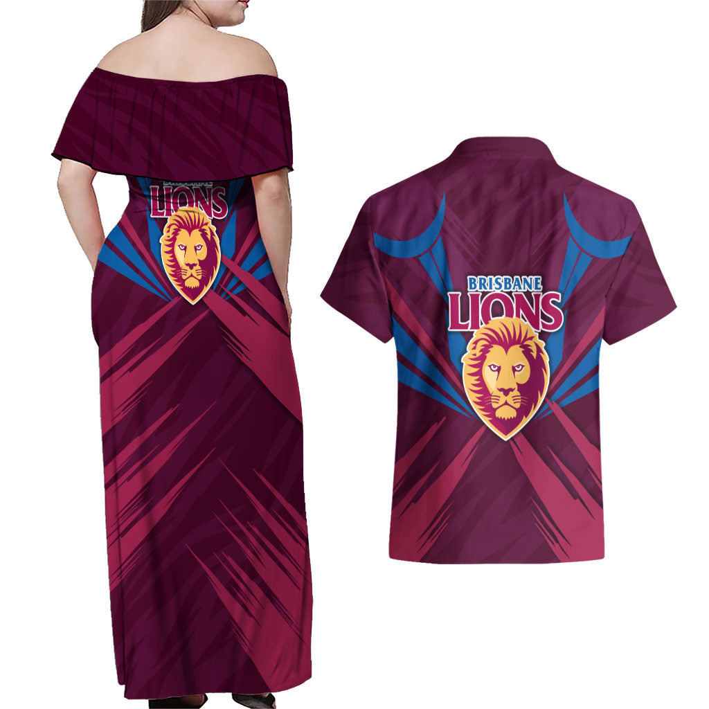 Brisbane Lions Australian Football Couples Matching Off Shoulder Maxi Dress and Hawaiian Shirt Powerful Lion Mascot - Bold Team Colors