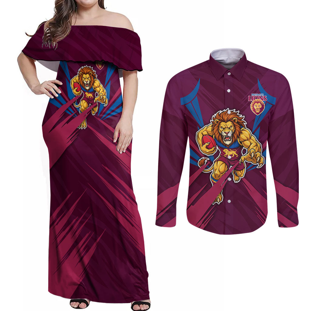 Brisbane Lions Australian Football Couples Matching Off Shoulder Maxi Dress and Long Sleeve Button Shirt Powerful Lion Mascot - Bold Team Colors