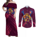 Brisbane Lions Australian Football Couples Matching Off Shoulder Maxi Dress and Long Sleeve Button Shirt Powerful Lion Mascot - Bold Team Colors