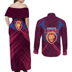 Brisbane Lions Australian Football Couples Matching Off Shoulder Maxi Dress and Long Sleeve Button Shirt Powerful Lion Mascot - Bold Team Colors