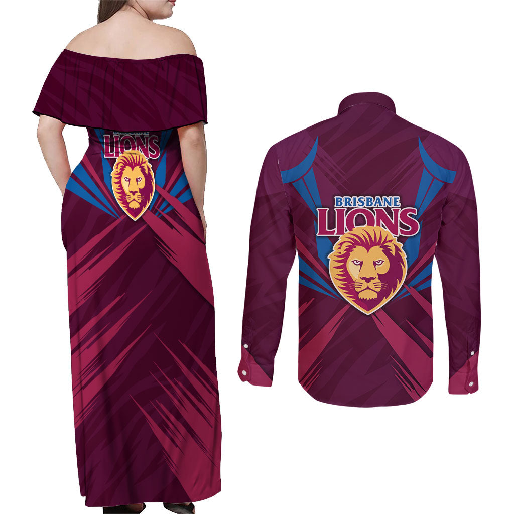 Brisbane Lions Australian Football Couples Matching Off Shoulder Maxi Dress and Long Sleeve Button Shirt Powerful Lion Mascot - Bold Team Colors