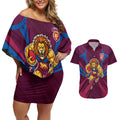 Brisbane Lions Australian Football Couples Matching Off Shoulder Short Dress and Hawaiian Shirt Powerful Lion Mascot - Bold Team Colors