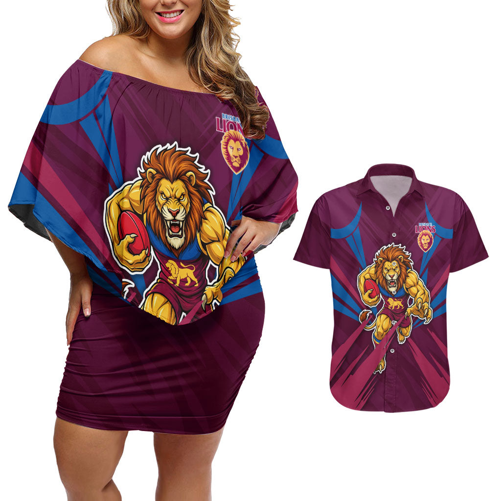 Brisbane Lions Australian Football Couples Matching Off Shoulder Short Dress and Hawaiian Shirt Powerful Lion Mascot - Bold Team Colors