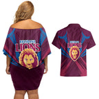 Brisbane Lions Australian Football Couples Matching Off Shoulder Short Dress and Hawaiian Shirt Powerful Lion Mascot - Bold Team Colors
