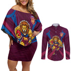 Brisbane Lions Australian Football Couples Matching Off Shoulder Short Dress and Long Sleeve Button Shirt Powerful Lion Mascot - Bold Team Colors