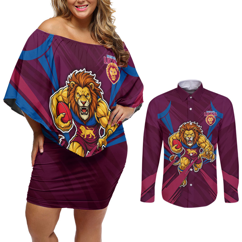 Brisbane Lions Australian Football Couples Matching Off Shoulder Short Dress and Long Sleeve Button Shirt Powerful Lion Mascot - Bold Team Colors