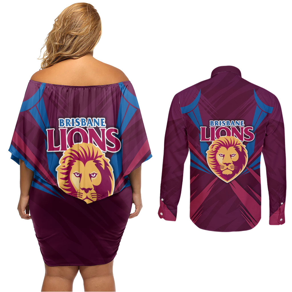 Brisbane Lions Australian Football Couples Matching Off Shoulder Short Dress and Long Sleeve Button Shirt Powerful Lion Mascot - Bold Team Colors