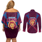 Brisbane Lions Australian Football Couples Matching Off Shoulder Short Dress and Long Sleeve Button Shirt Powerful Lion Mascot - Bold Team Colors