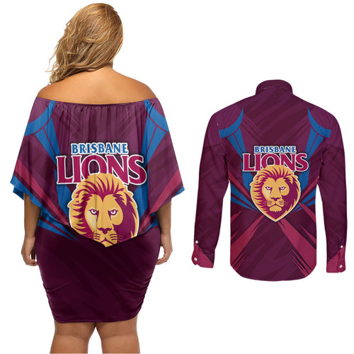 Brisbane Lions Australian Football Couples Matching Off Shoulder Short Dress and Long Sleeve Button Shirt Powerful Lion Mascot - Bold Team Colors