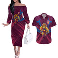 Brisbane Lions Australian Football Couples Matching Off The Shoulder Long Sleeve Dress and Hawaiian Shirt Powerful Lion Mascot - Bold Team Colors