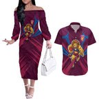 Brisbane Lions Australian Football Couples Matching Off The Shoulder Long Sleeve Dress and Hawaiian Shirt Powerful Lion Mascot - Bold Team Colors