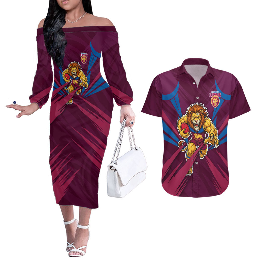 Brisbane Lions Australian Football Couples Matching Off The Shoulder Long Sleeve Dress and Hawaiian Shirt Powerful Lion Mascot - Bold Team Colors