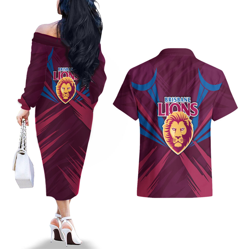 Brisbane Lions Australian Football Couples Matching Off The Shoulder Long Sleeve Dress and Hawaiian Shirt Powerful Lion Mascot - Bold Team Colors