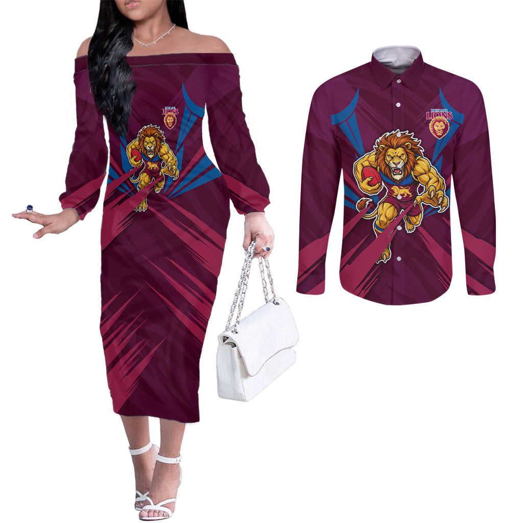 Brisbane Lions Australian Football Couples Matching Off The Shoulder Long Sleeve Dress and Long Sleeve Button Shirt Powerful Lion Mascot - Bold Team Colors