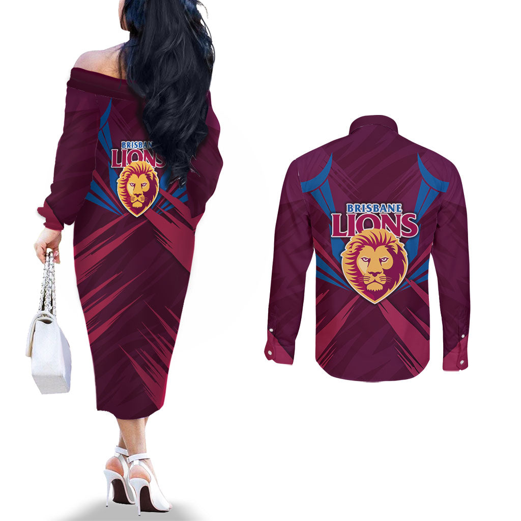 Brisbane Lions Australian Football Couples Matching Off The Shoulder Long Sleeve Dress and Long Sleeve Button Shirt Powerful Lion Mascot - Bold Team Colors