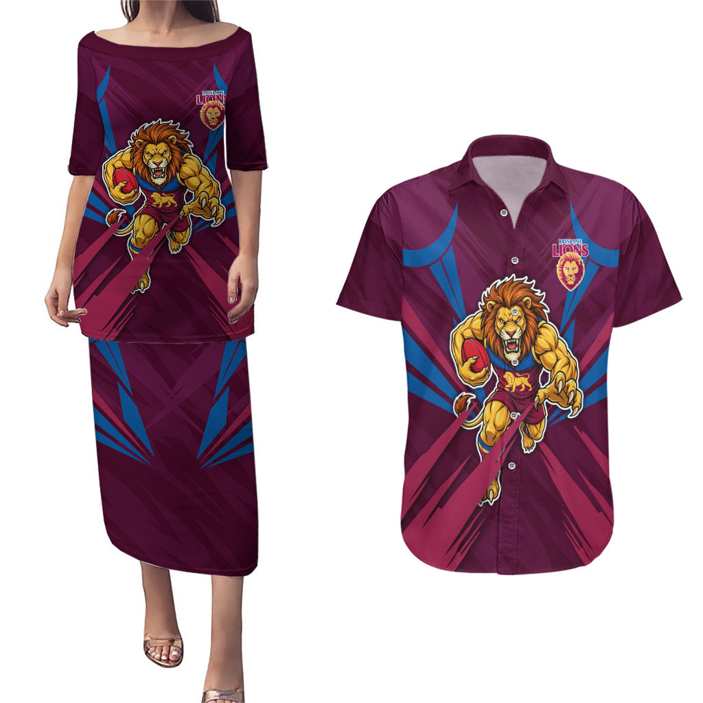 Brisbane Lions Australian Football Couples Matching Puletasi and Hawaiian Shirt Powerful Lion Mascot - Bold Team Colors