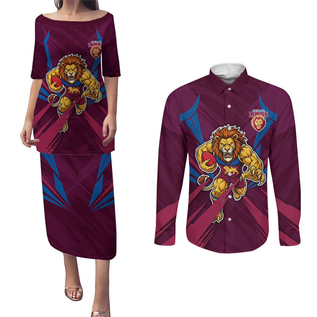 Brisbane Lions Australian Football Couples Matching Puletasi and Long Sleeve Button Shirt Powerful Lion Mascot - Bold Team Colors