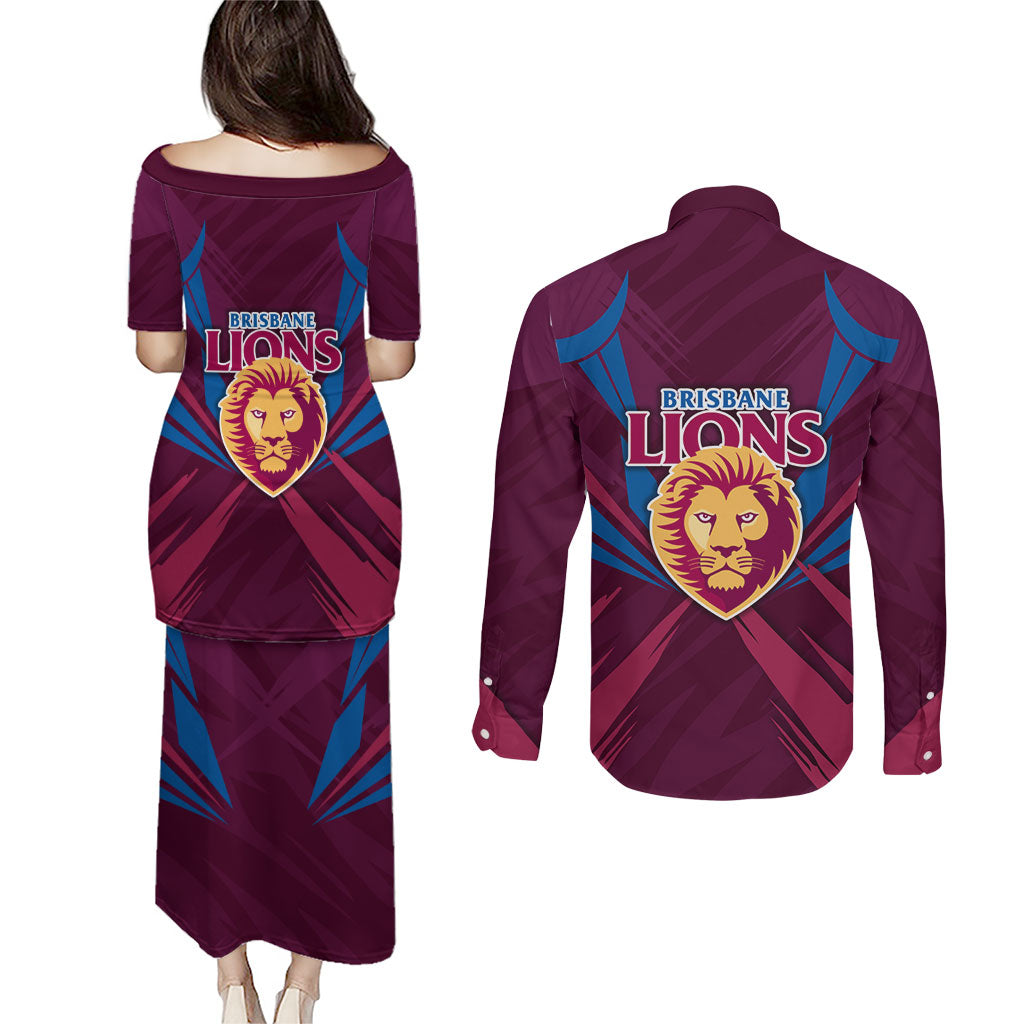 Brisbane Lions Australian Football Couples Matching Puletasi and Long Sleeve Button Shirt Powerful Lion Mascot - Bold Team Colors