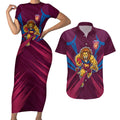 Brisbane Lions Australian Football Couples Matching Short Sleeve Bodycon Dress and Hawaiian Shirt Powerful Lion Mascot - Bold Team Colors